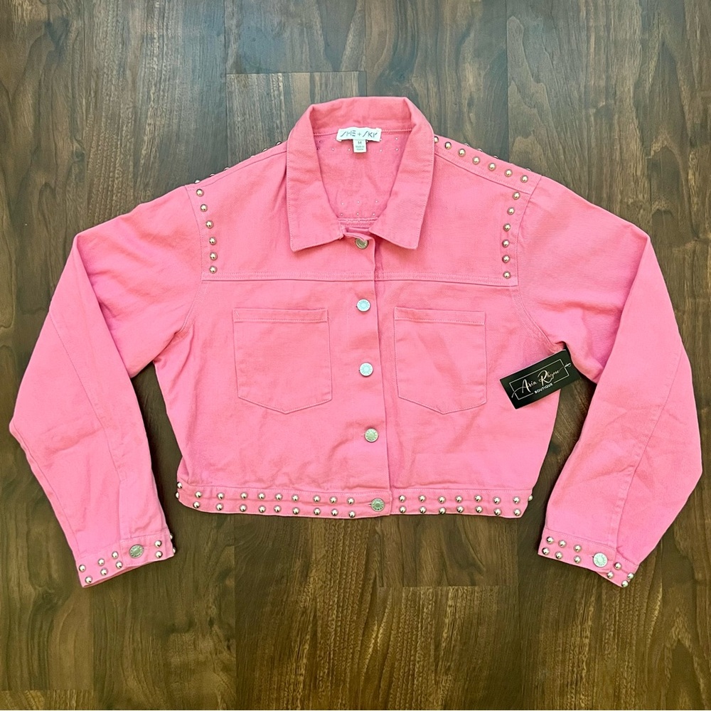 NWT SHE + SKY Studded Cropped Denim Jacket Pink W/Pockets Women’s Size M